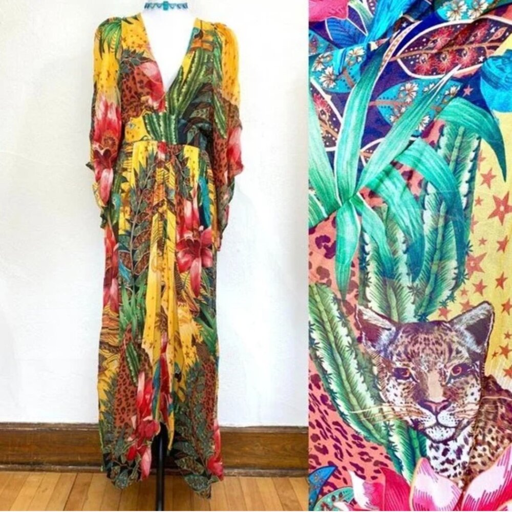 Farm Rio Tropical Dreams Caftan Maxi Dress Yellow Multi Jungle Cheetah Print